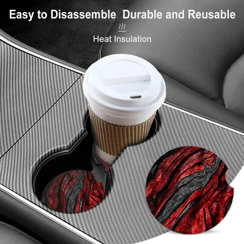 Vista 4 de Portavasos de cerámica de grano de madera negra y roja para mujeres/hombres, portavasos absorbentes para automóvil con muesca de dedo de 2.56