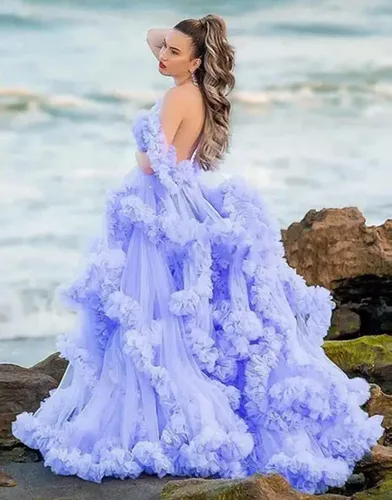 Vista 4 de Yexinbridal Batas de tul para mujer para sesión de fotos de maternidad, largo hinchado, ilusión, vestido de novia con volantes y abertura, bufanda