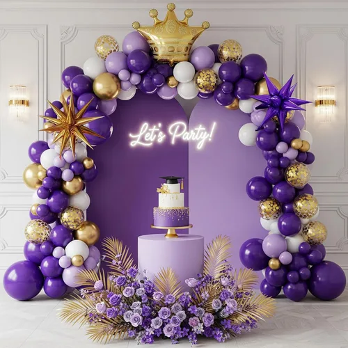Vista 3 de Kit de guirnalda de globos morado real dorado blanco 126 piezas globos de papel aluminio de corona de explosión estelar de lujo de doble relleno