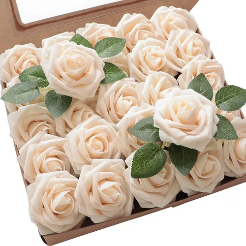 Vista 68 de Floroom Flores artificiales, 25 piezas de rosas falsas de espuma dorada antigua de aspecto real con tallos para ramos de boda DIY, centros de mesa