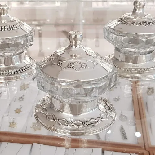 Vista 3 de Plato de miel de plata esterlina y vidrio para Rosh Hashanah cubiertos tradicionales judaica judaica regalo de vacaciones azucarero vajilla vintage