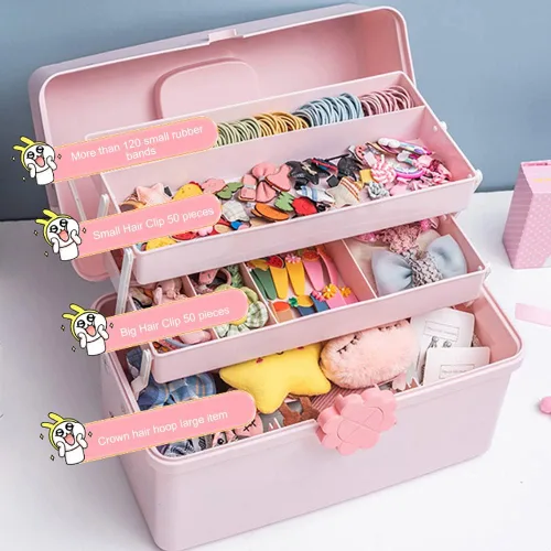 Vista 4 de Organizador plegable de plástico para manualidades de 3 capas, caja rosa portátil, caja de almacenamiento múltiple para medicamentos, organizador