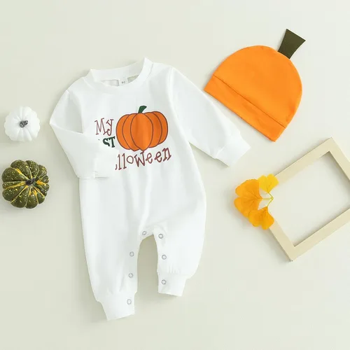 Vista 2 de Ledy Champswiin 2 piezas de trajes neutros para bebé recién nacido, niño y niña, mameluco de calabaza para mi primera ropa de Halloween con sombrero