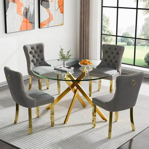 Vista 24 de Juego de mesa de comedor de cristal plateado moderno de 47 pulgadas para 2, juego de mesa de comedor de cocina redonda de 3 piezas con patas