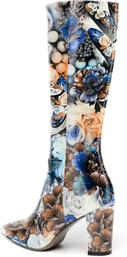 Vista 21 de AMBELIGHT Botas altas hasta la rodilla con cremallera y puntera puntiaguda para mujer, de patente sólida, tacón alto, 3.3 pulgadas
