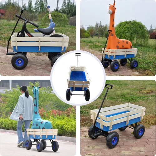 Vista 5 de Carro de carga de acero resistente con soporte lateral de madera con neumáticos todo terreno de 10", capacidad de arrastre de hasta 176lb, carro Azul