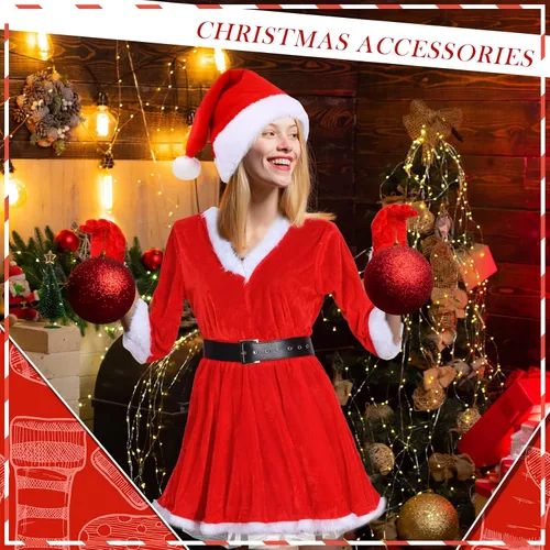Vista 3 de Vicenpal 5 Pcs Christmas Santa Costume Set Claus Costume with Xmas Hat Fur Gloves High Socks Red Outfits Dress for Women Girl