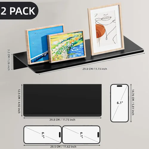 Vista 2 de HNVNER Estantes flotantes de metal, juego de 2, longitud 30CM, estante de pared negro para el baño, estantes de exhibición para la pared decorativos