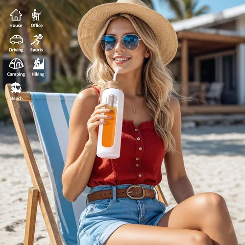 Vista 57 de Botella de agua Kodrine con pajita, botella de vidrio de 24 oz con 2 tapas, una de pajita de bambú y otra con pico y asa, botella de vidrio