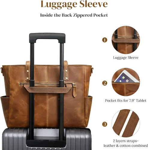 Vista 5 de S-ZONE Bolso de mano de cuero genuino para mujer, bolso de hombro grande, bolso de trabajo cruzado vintage
