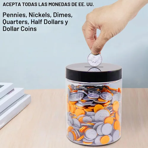 Vista 3 de Tarro grande para monedas, gran plástico transparente para monedas, dinero con punta de dinero ahorro de alcancía con tapa ranurada negra, monedas