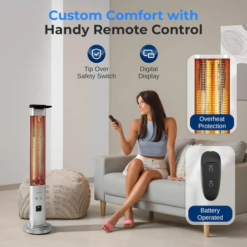Vista 4 de SereneLife Calentador eléctrico para patio al aire libre, calentador infrarrojo de 900 W con control remoto, reflector de aluminio, diseño