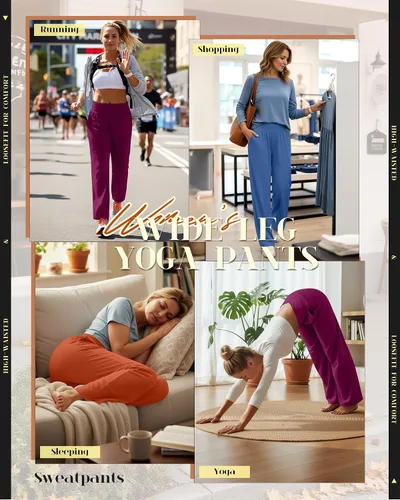 Vista 157 de Neer - Conjunto de 3 pantalones de yoga de pierna ancha para mujer - Pantalones deportivos cómodos, holgados, de cintura alta y casuales