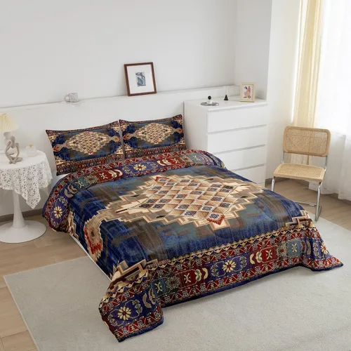 Vista 2 de Erosebridal Juego de edredón bohemio individual, juego de ropa de cama exótica bohemio, retro, azul, amarillo, degradado, rojo, floral, bohemio