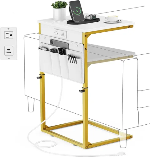 Vista 16 de Vagusicc - Mesa auxiliar en forma de C con estación de carga, mesa lateral de altura ajustable para sofá, mesa pequeña para sofá con laptop