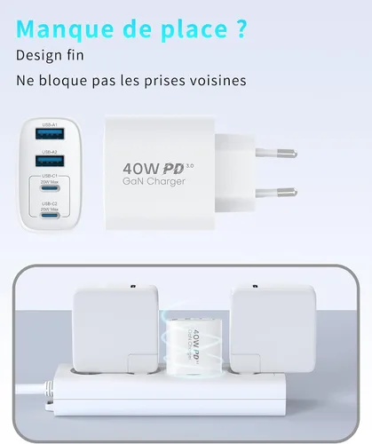 Vista 4 de Bloque de cargador USB C de 45 W, paquete de 2 cargadores de pared plegables, cargador de 3 puertos tipo C, bloque de carga rápida multipuerto