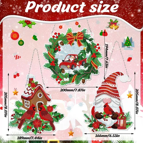 Vista 2 de Sintuff Juego de 3 carteles colgantes de pintura de diamantes de Navidad, diseño de pájaros gnomos, arte de diamante, arte de pared para bricolaje
