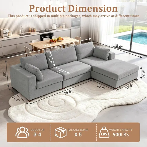 Vista 2 de 113" sofá seccional modular de gran tamaño del asiento profundo, sofá
