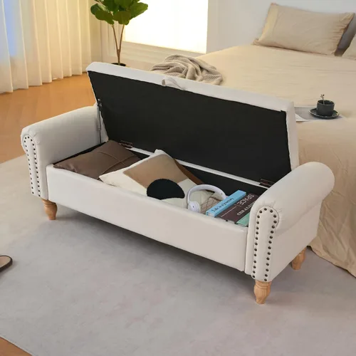 Vista 2 de Modern Storage Ottoman Bench, 54" Fabric Upholstered Benches End of Bed Bench with Rolled Arm & Solid Wood Legs Ottoman with Storage for Bedroom