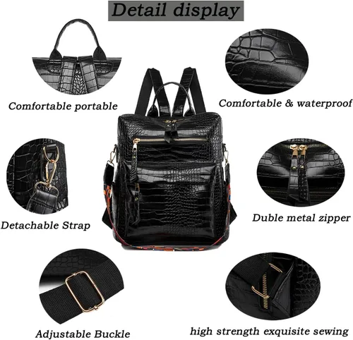 Vista 6 de Mochila de cuero antirrobo para mujer, bolsa de hombro ligera e impermeable, 4-negro, Mochilas tipo mochila