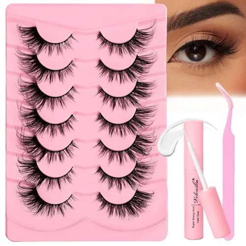 Vista 10 de Veleasha Kit de pestañas marrones con pegamento y pinzas, pestañas de ojo de gato, aspecto natural, pestañas postizas 3D con banda transparente