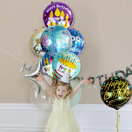 Vista 9 de 24 piezas de globos de aluminio de feliz cumpleaños de 45 cm redondos de helio flotantes de mylar, globos inflables para suministros de decoración
