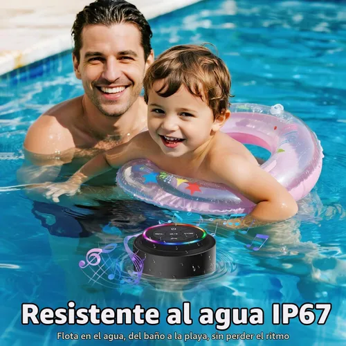 Vista 3 de Altavoz de ducha Bluetooth impermeable IP67, mini altavoz inalámbrico pequeño Bluetooth, altavoz portátil con ventosa, LED y micrófono para baño