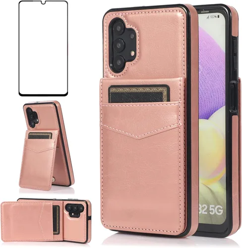 Vista 9 de Funda de teléfono para Samsung Galaxy A32 5G de 6.5 pulgadas con protector de pantalla de vidrio templado, soporte para tarjeta de crédito, soporte