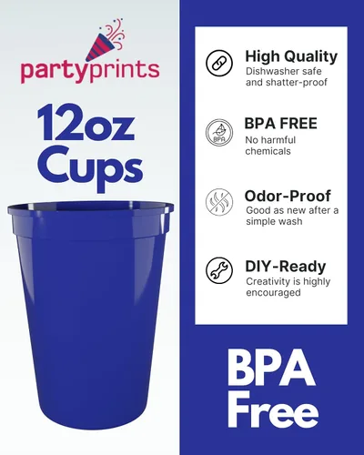 Vista 3 de PartyPrints Paquete de 100 vasos de plástico en blanco reutilizables de 10 a 12 onzas, vasos de estadio a granel, sin BPA, aptos para lavavajillas