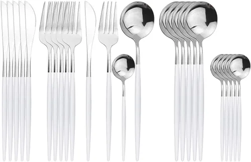 Vista 9 de Juego de cubiertos negros de acero inoxidable de 24 piezas, servicio para 6, vajilla pulida con espejo, cuchillo tenedor y cuchara para el hogar