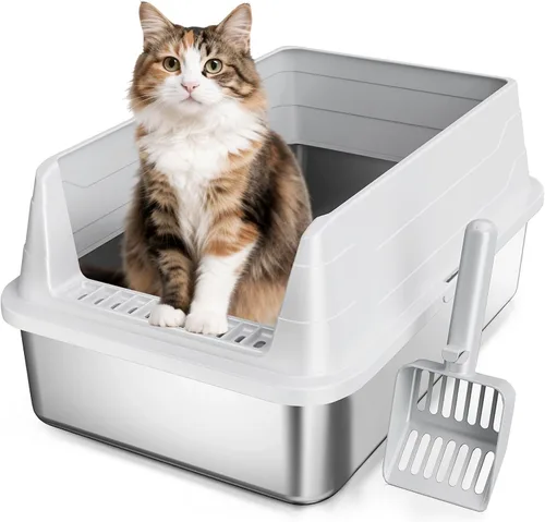 Vista 3 de Paquete de 2 cajas de arena de acero inoxidable, cajas de arena para gatos cerradas XL, bandeja de arena de metal con lados altos, sin olor,