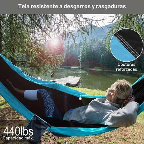 Vista 3 de Hamaca de campamento con red de mosquitos, toldo impermeable, correas de árbol de nailon resistentes, paracaídas, hamaca individual o doble, tienda