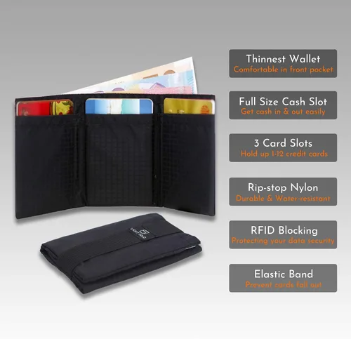 Vista 2 de LIGHT FOLD Slim Minimalist Wallets for Men Trifold Nylon Card Holder Men's Wallet Ultra Thin & Stylish Design Front Pocket Wallet with RFID Blocking