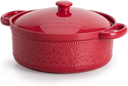 Vista 7 de FUN ELEMENTS - Cazuela, 2 cuartos de galón, plato con relieve de encaje con tapa, de cerámica para ir del horno a la mesa, asas redondas para servir