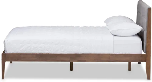 Vista 4 de Baxton Studio Denise Mid-Century - Cama con plataforma de madera, tamaño Queen, gris claro/marrón nogal medio
