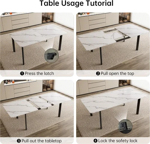 Vista 5 de HIPIHOM Mesa de comedor extensible para 6-8 personas, mesa rectangular de 63 a 78.7 pulgadas, MDF blanco con patas de metal resistentes, ahorro