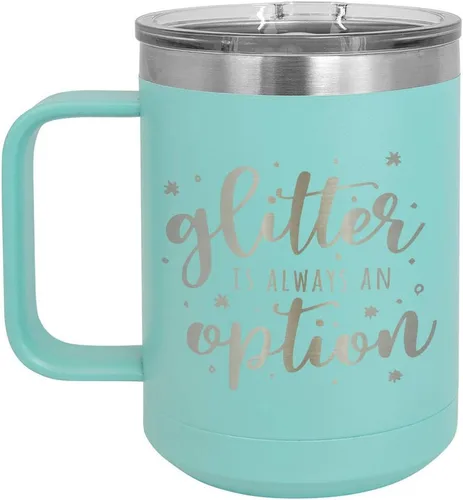 Vista 10 de GLITTER IS SIEMPRE UNA OPCIÓN Negro Taza de café de 15 oz con tapa deslizante Taza de café de viaje con aislamiento Ideas de regalos