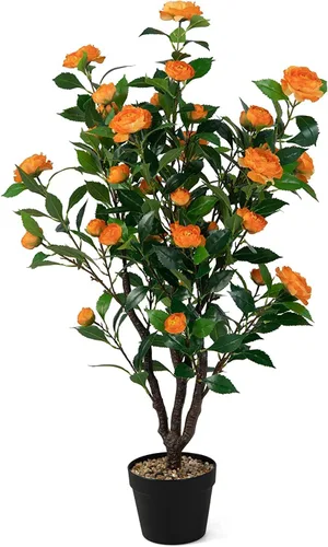 Vista 14 de Árbol de camelia artificial de 36 pulgadas con flores falsas Naranja