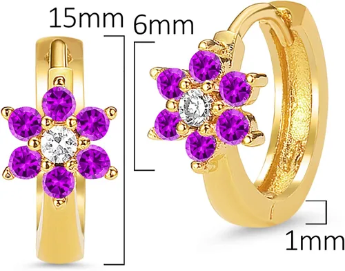 Vista 2 de 14k Gold Plated Brass Birth Month Cubic Zirconia Flower Baby Hoop Huggie Baby Girls Earrings