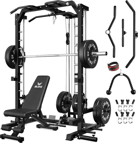 Vista 23 de JELENS SR01 Smith Machine, jaula de potencia multifunción de 2000 libras con sistema de extracción LAT, estante para sentadillas todo en uno