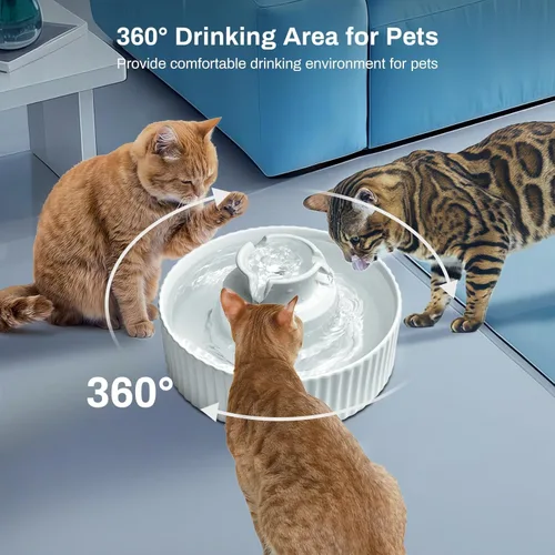 Vista 5 de Fuente de agua de cerámica para gatos de 2.1 litros, para gatos y perros, fuente de cerámica 360 para mascotas, gran capacidad de agua de 70 onzas