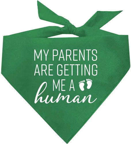 Vista 8 de My Parents are Getting Me A Human Dog Bandana Triángulo ajustable 100% algodón Fabricado en Estados Unidos Nuevo bebé Anuncio de embarazo