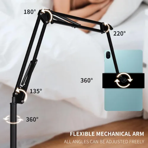 Vista 6 de Soporte de suelo para tableta, soporte elevado para teléfono con altura de ángulo ajustable de 360 grados, soporte de suelo universal compatible