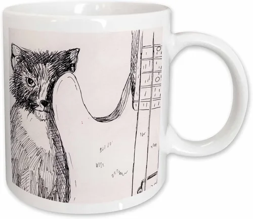 Vista 12 de 3dRose cat hiding behind bass guitar sketch taza, 11 oz, negro