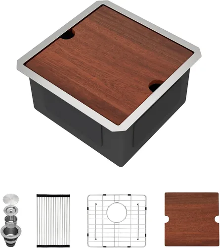 Vista 11 de Fregadero de cocina pequeño con estación de trabajo de 12 x 15 pulgadas, fregadero de barra húmeda para isla de espacio pequeño, casa rodante, Acero