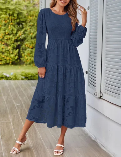 Vista 7 de MEROKEETY Vestido fruncido de manga larga para mujer 2023 con cuello redondo y textura floral, vestidos midi escalonados