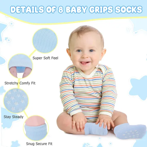 Vista 2 de 8 pares de calcetines de bebé con empuñaduras de algodón antideslizantes calcetines de caminar bonitos regalos para recién nacidos, niñas y niños