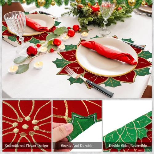 Vista 3 de Breling Juego de 6 Manteles Individuales de Navidad de Poinsettia de 16 Pulgadas Redondos Rojos y Verdes con Flores de Poinsettia, Manteles de Mesa