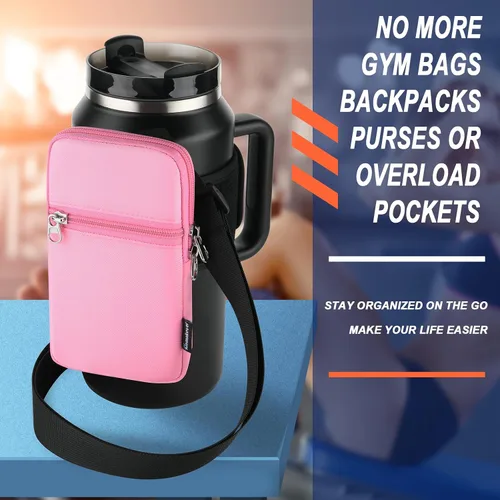 Vista 6 de Bolsa para botella de agua de gimnasio para vaso Stanley con asa, funda universal para botella de agua con correa y bolsillo, se adapta a una