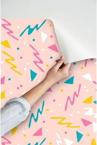Vista 3 de Papel tapiz para despegar y pegar, diseño retro de los años 80, diseño abstracto de los años 1980, confeti de surf rosa para niños, papel tapiz